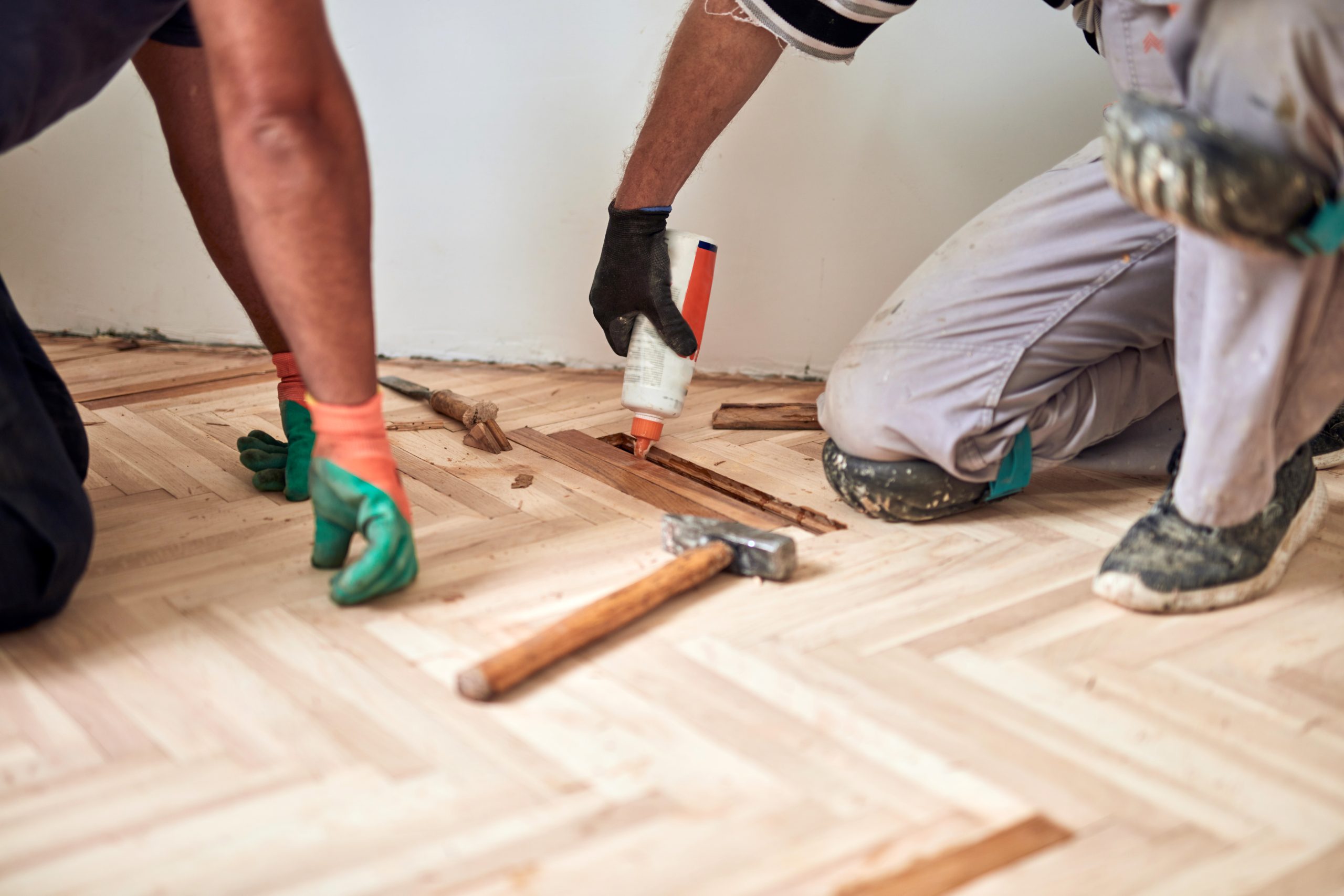 Restoring parquet floors in Harrow – technicians replacing damaged blocks on a herringbone oak parquet wood floor using adhesive before sanding.