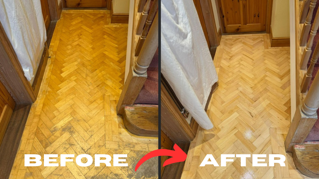 Restoring parquet floors in Harrow – before and after of a herringbone oak parquet hallway showing sanding, repairs, gap filling and refinishing to a clean satin finish.