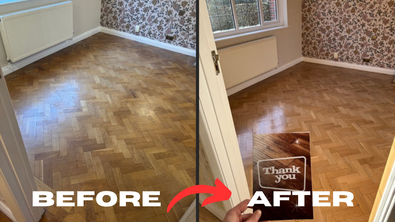 Parquet floor sanding in Harrow showing before and after restoration of a light oak herringbone parquet wood floor, with a thank you card held in the finished room.