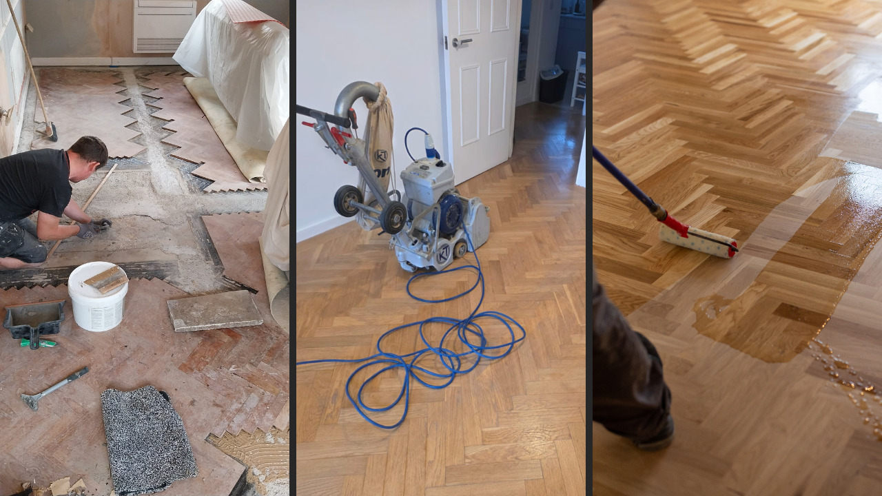 Parquet Floor Sanding in Harrow showing three stages of restoring an oak herringbone parquet wood floor – repairs, sanding and final lacquer application.