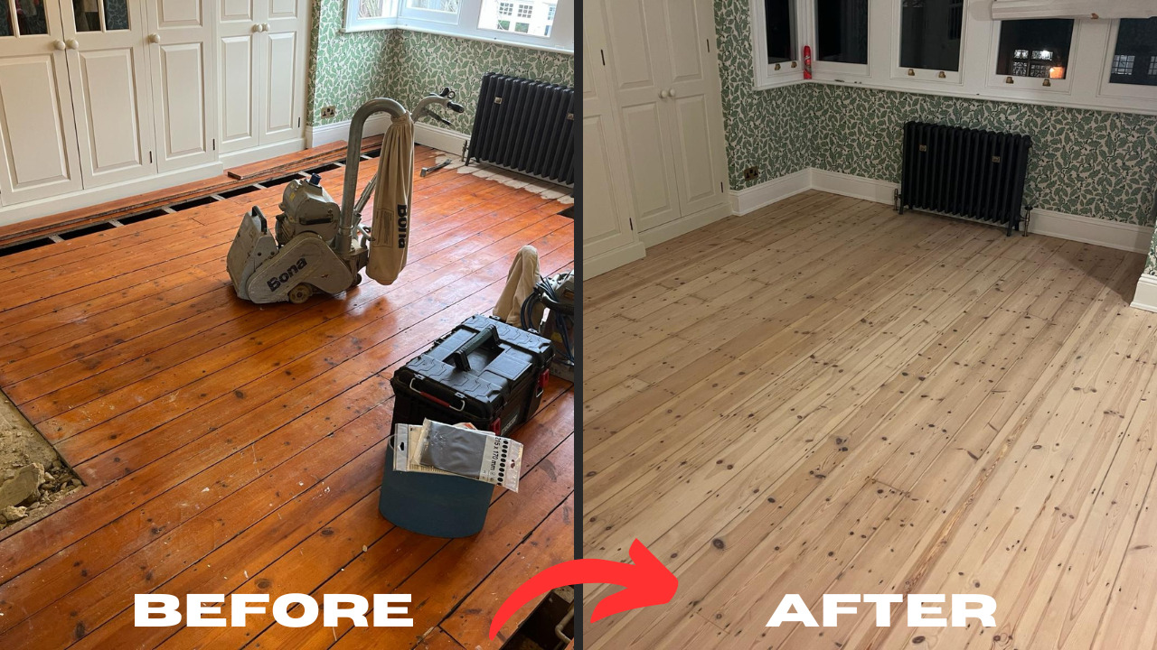 Before and after Wood Floor Sanding in Harrow showing original pine floorboards transformed from dark, worn boards to fresh, pale sanded timber in a bedroom.