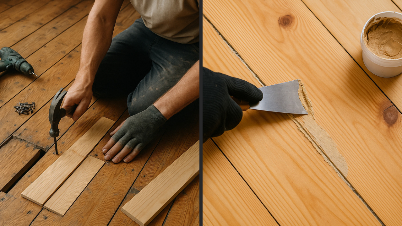 Repairs and gap filling before Wood Floor Sanding in Harrow, with a specialist replacing damaged pine softwood floorboards and applying filler between the boards.