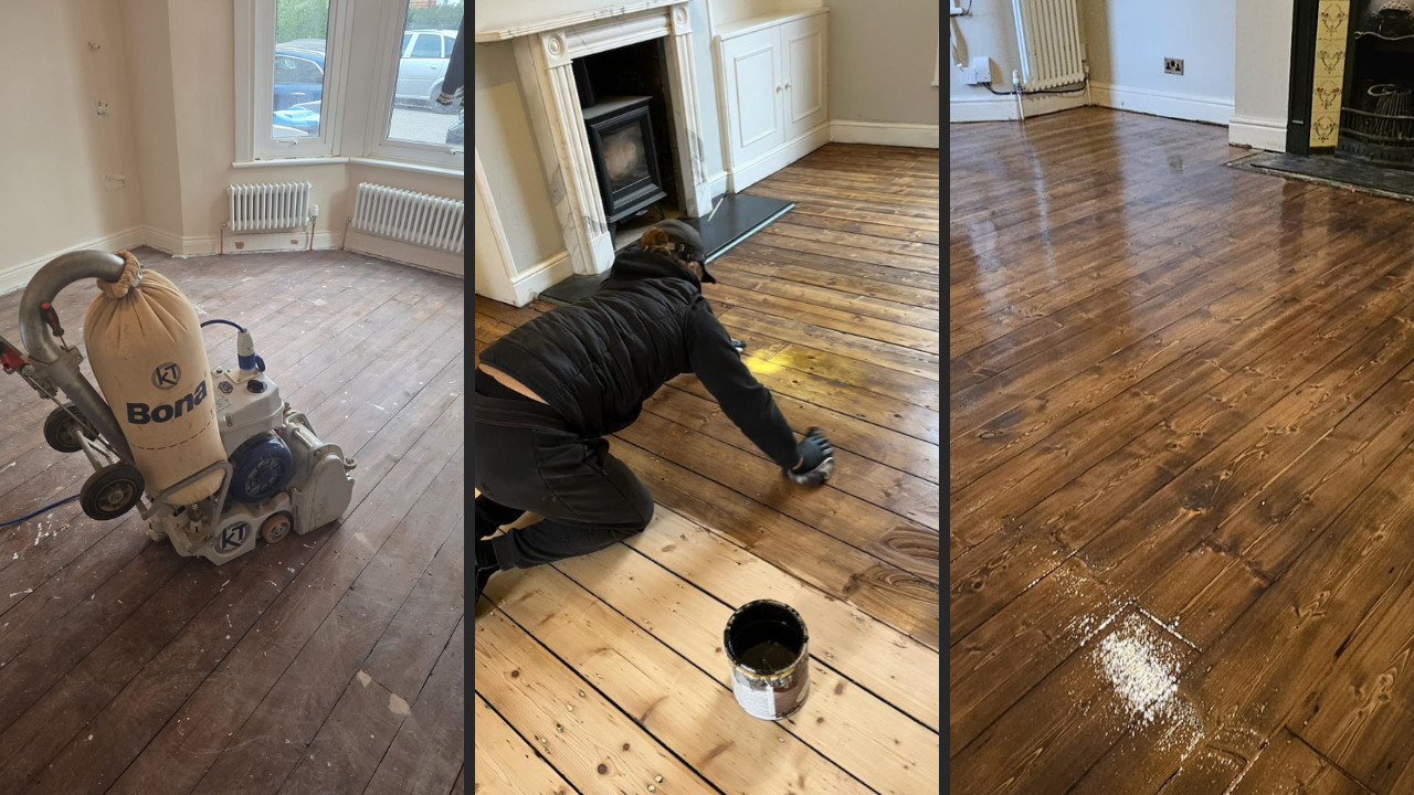 Three-stage Wood Floor Sanding in Harrow on pine softwood floorboards, showing bare boards with a Bona sander, a technician applying stain by hand, and the final dark, polished living room floor.