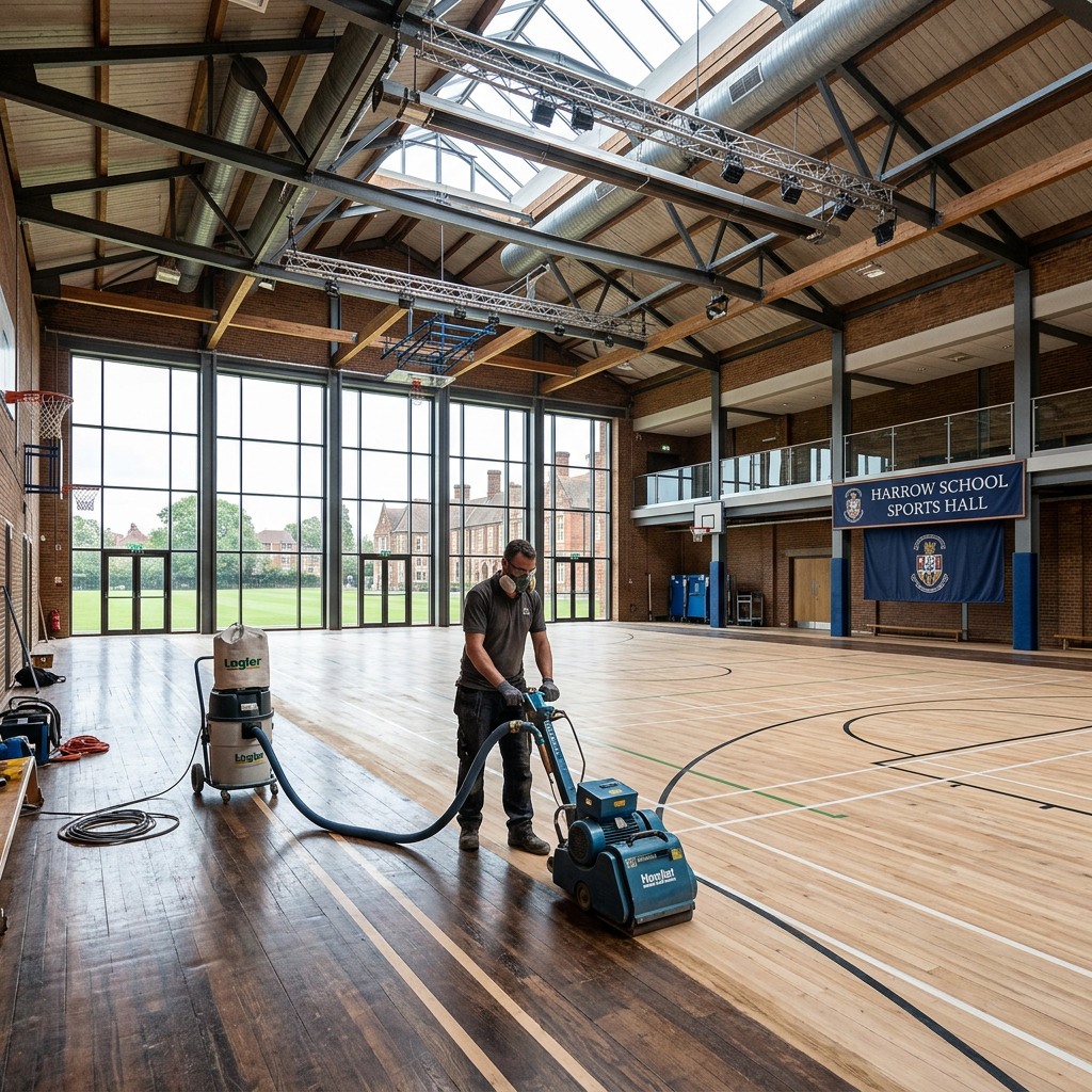 Professional Lagler Hummel floor sanding in a Harrow school hall