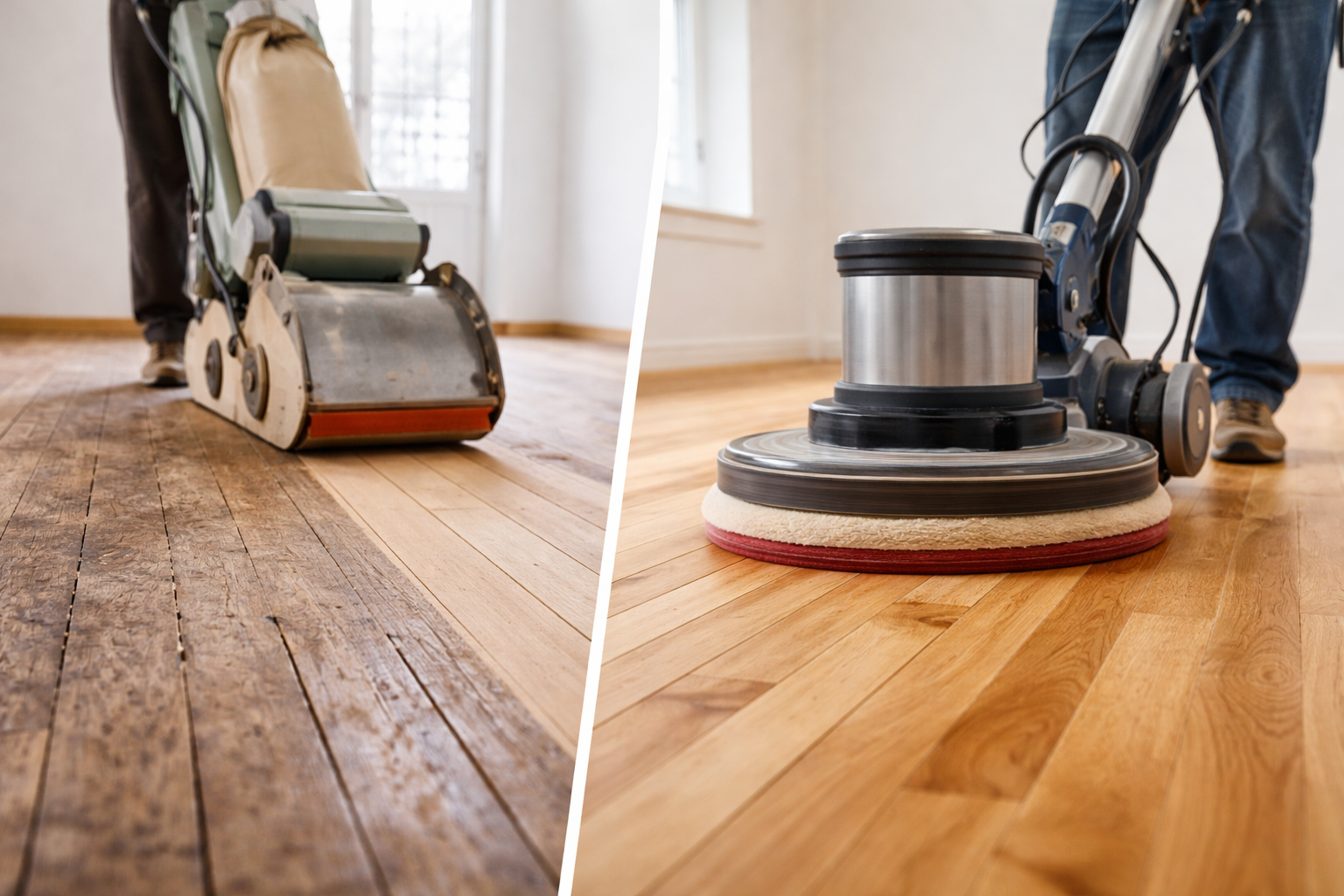 Side-by-side view of wood floor sanding and buffing in a bright Harrow home, showing worn boards being restored and a smooth polished timber floor finish.