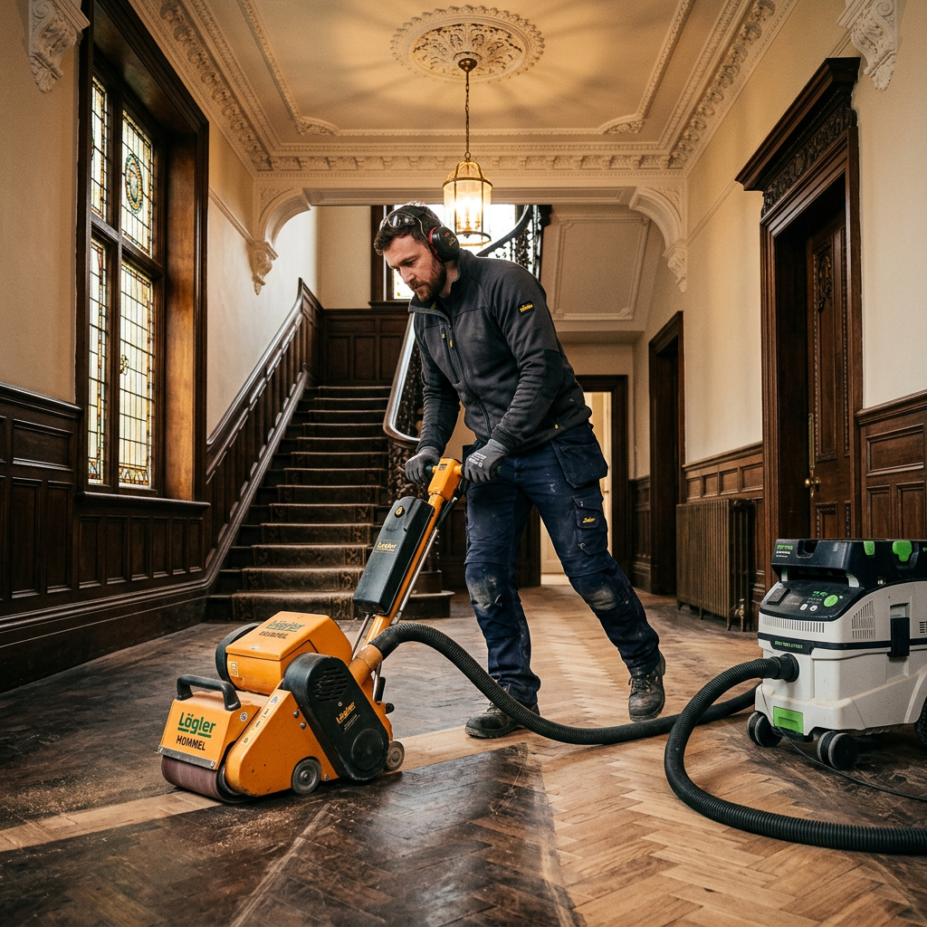 Dust-free floor sanding Victorian pine hallway Kensington London